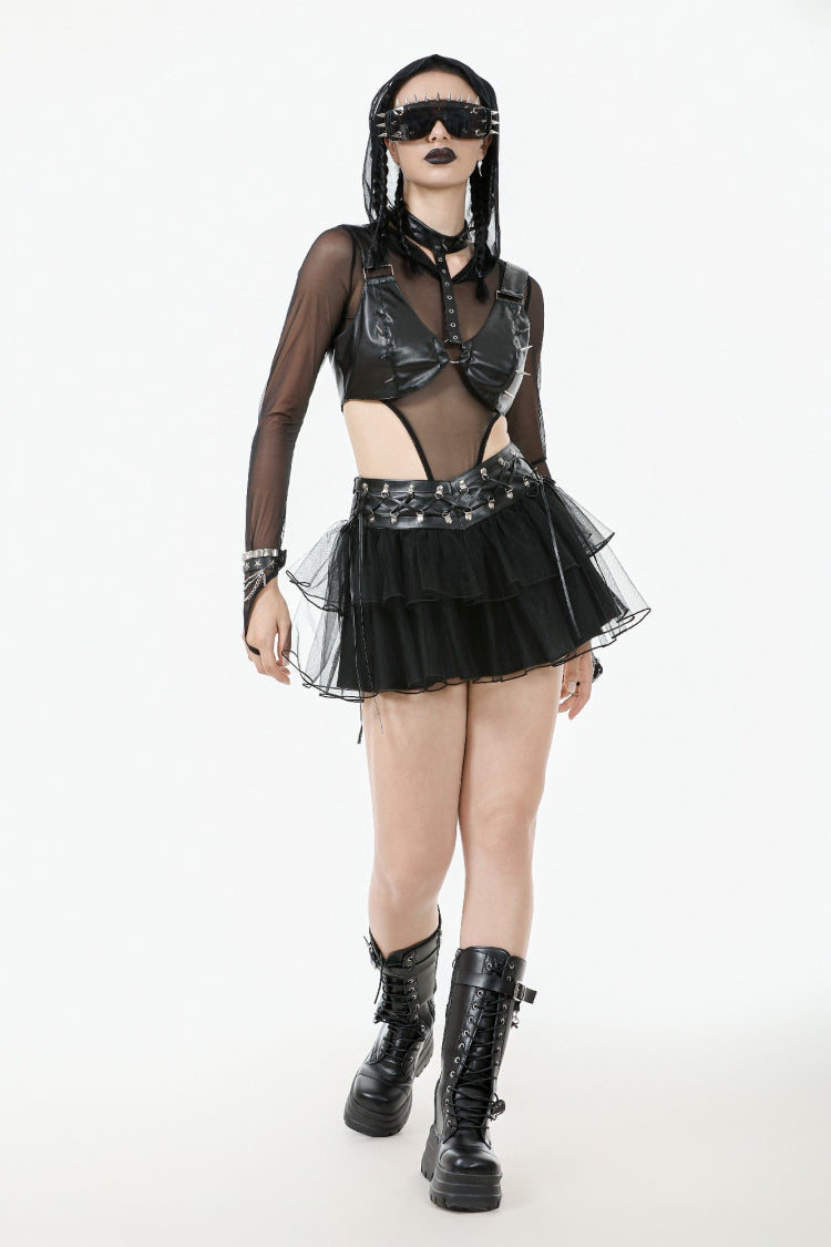 Black Multi-Layered Lace Mesh Women's Punk Short Skirt with D-Ring Ties Waist