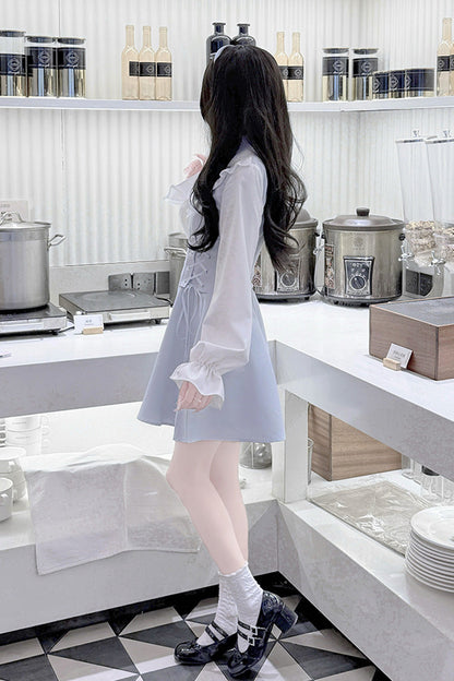 Aqua Long Sleeves Bowknot Lace-Up Sweet Jirai Kei Dress