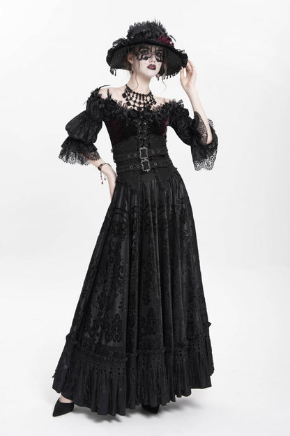 Black Jacquard Embroidery Buckle Tassels Women's Gothic Long Skirt