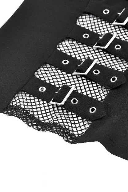 Black Mesh Spliced Long Sleeves Buckled Strap Eyelet Women's Punk Top