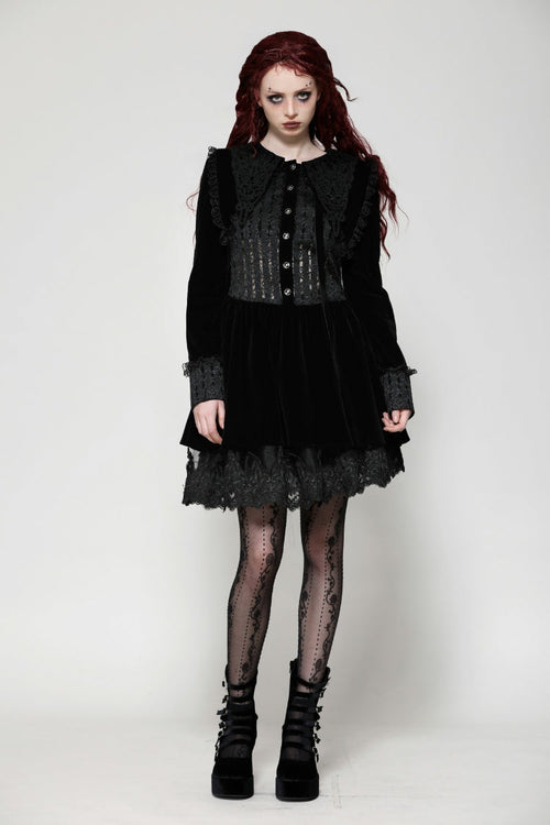 Black Long Sleeves Lace Women's Gothic Velvet Short Dress