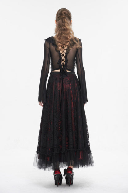 Black Lace Up Ruffled Trumpet Sleeves Mesh Women's Gothic Shirt