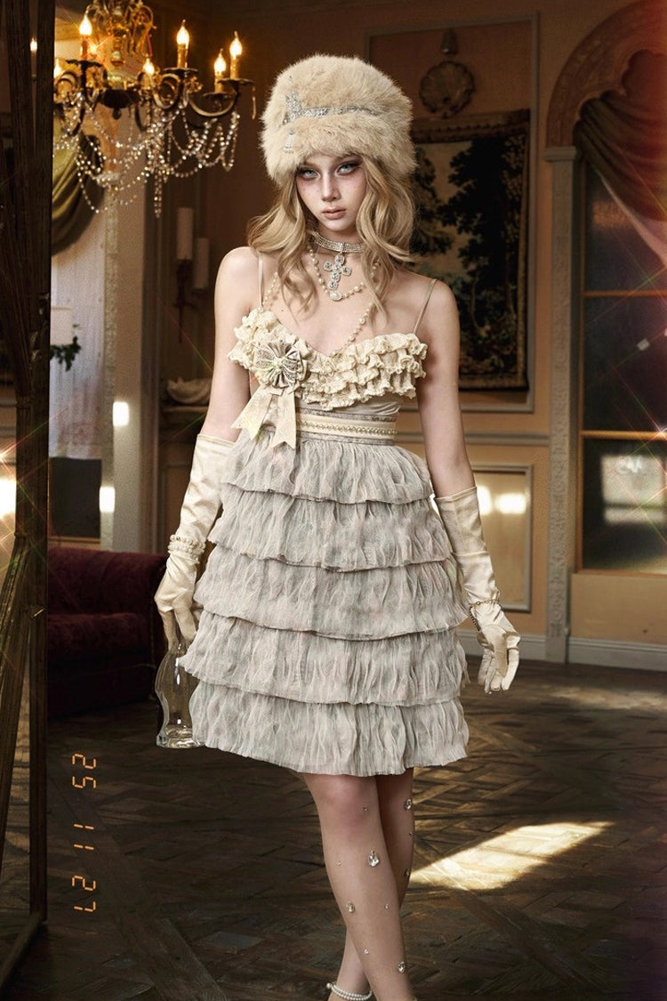 Beige [Slavic Noble Lady] Sleeveless Multi-Layered Ruffled Bow Sweet Elegant Lolita Jsk Dress