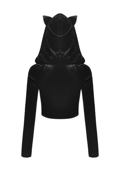 Black Long Sleeves Irregular Moon-shaped Zipper Women's Punk Crop Top with Cat's Ears Hood