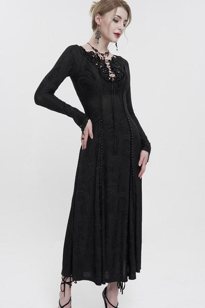 Black Long Sleeve Long Knitting Symmetrical Applique And String at The Chest Women's Gothic Dress