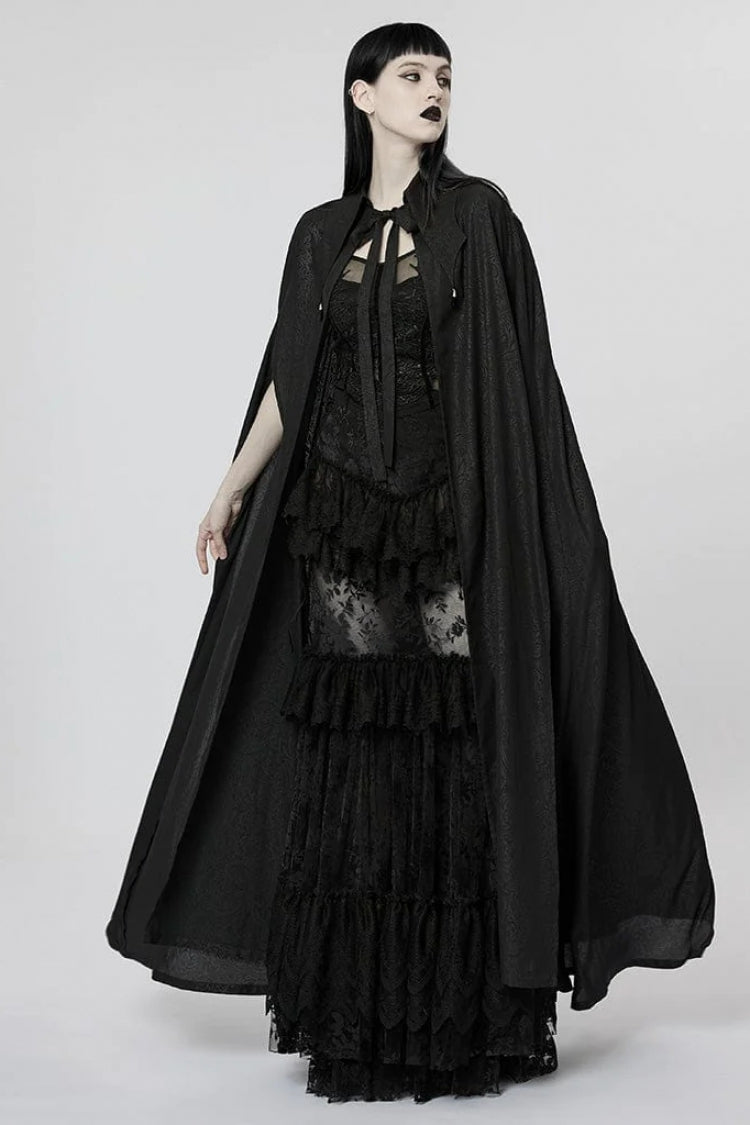 Black Mesh Lapel Collar Lace Jacquard Womens Gothic Cloak