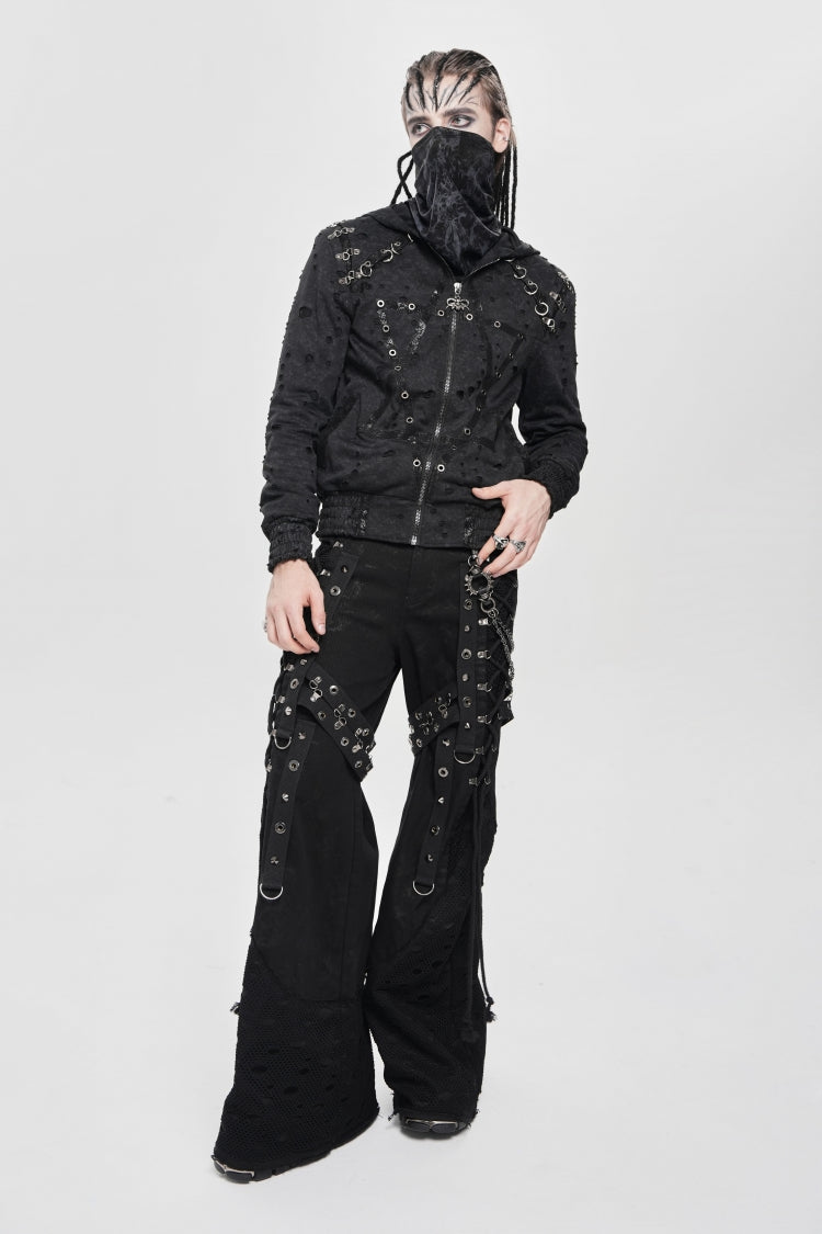 Black Long Sleeves Hexagram Print Hooded Ripped Pleated Men's Punk Coat