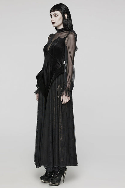 Black Long Sleeves Ruffle Lace Lace-Up Mesh Women's Gothic Dress