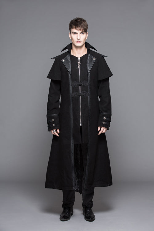 Black Fake Two Pieces High Collar Woollen Mens Gothic Long Coat