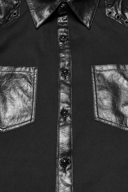 Black Lapel Collar Long Sleeves Stitching Eyelet Men's Punk Blouse