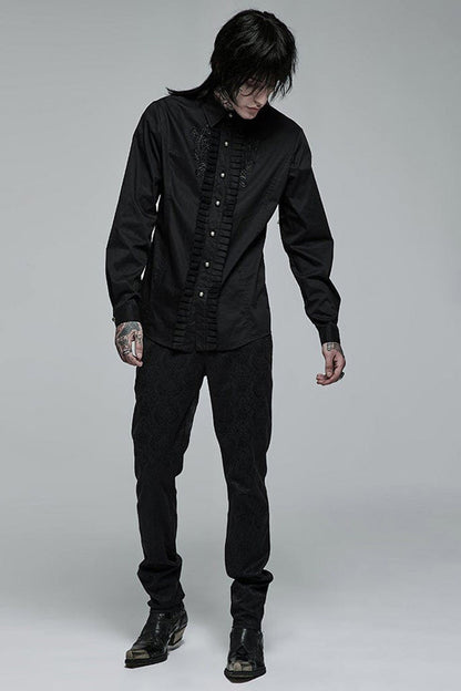 Black Gothic Delicate Decals Placket Pleated Ruffle Long Sleeve Men's Shirt