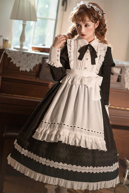 Black Lapel Collar Bowknot Long Sleeves Ruffled Sweet Lolita Maid OP Dress (Apron is included)