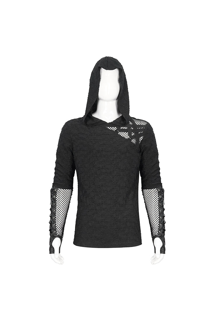 Black Lace Up Mesh Splice Long Sleeve Men's Punk Hoodies