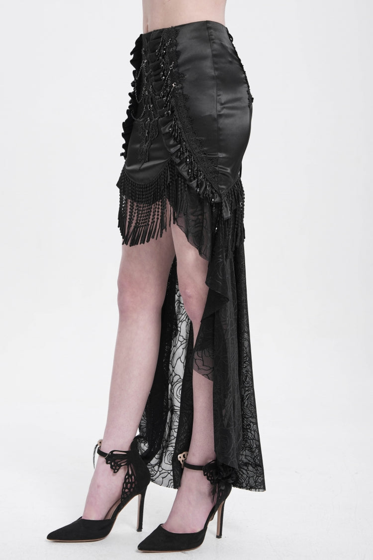 Black Embroidery Stitching Lace Mesh Women's Gothic Skirt With Train