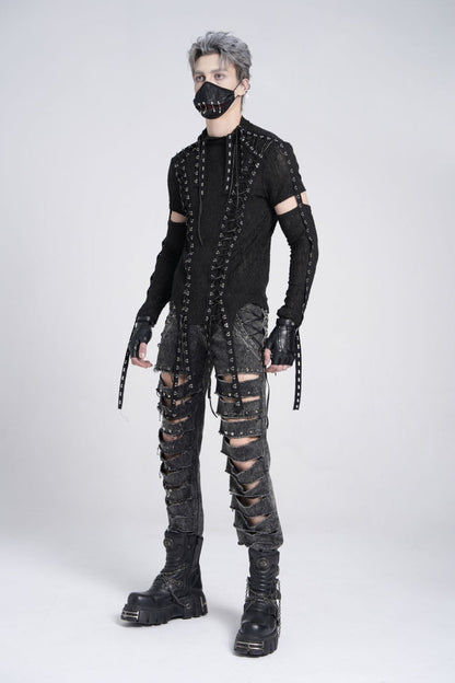 Black Long Sleeves Strap Lace-Up Irregular Mesh Men's Gothic T-Shirt