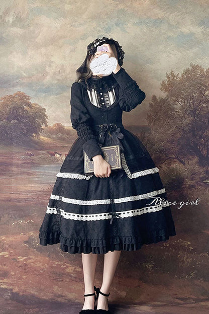 Black Cross Dark Church Elegant Lace Long Sleeves Ruffled Classic Lolita OP Dress