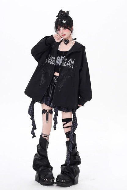 Black Long Sleeves Print Zipper Gothic Loose Jirai Kei Coat