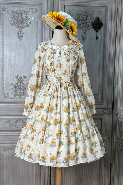 Apricot [Gardening Sunflower] Long Sleeves Print Ruffle Bowknot Sweet Elegant Lolita Dress