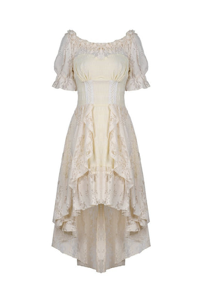 Beige Ruffled Off Shoulder Short Sleeves Ruched Women's Steampunk Vintage Gorgeous Graduation Dress