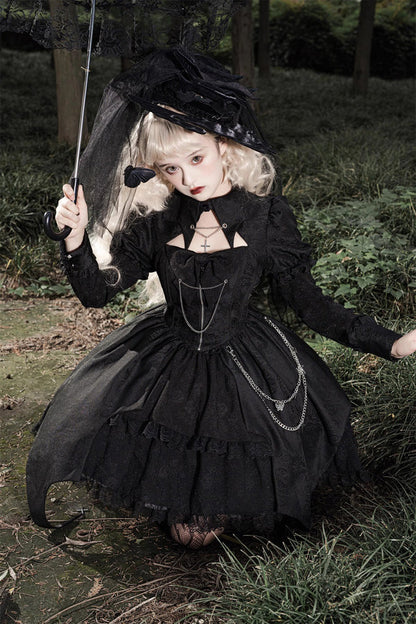 Black Dark Night Law Long Sleeves High Waisted Cardigan Bowknot Lace Gothic Lolita Dress