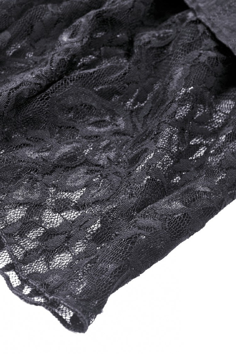 Black Off Shoulder Long Trumpet Puff Sleeves Lace-Up Strappy Mesh Women's Gothic Cocktail Dress
