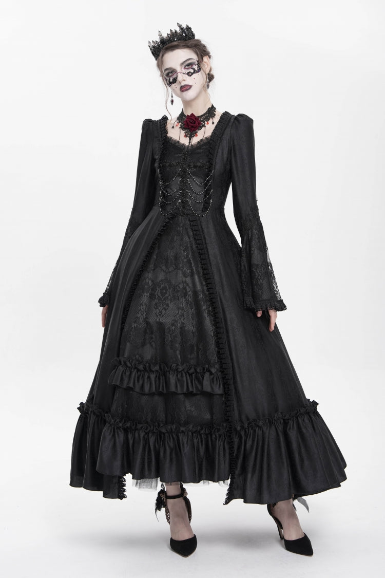 Black Long Sleeves Floral Embroidery Lace-Up Pleated Women's Gothic Dress