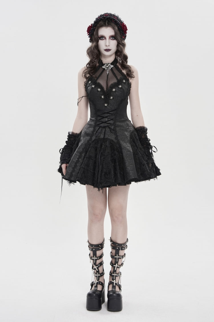 Black Off Shoulder Sleeveless Printed Spliced Lace Lace-Up Pleated Women's Gothic Dress
