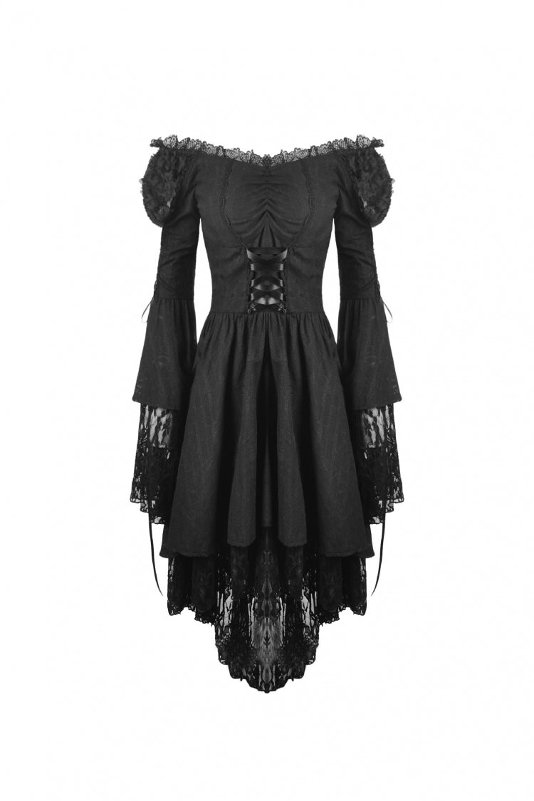 Black Off Shoulder Long Trumpet Puff Sleeves Lace-Up Strappy Mesh Women's Gothic Cocktail Dress