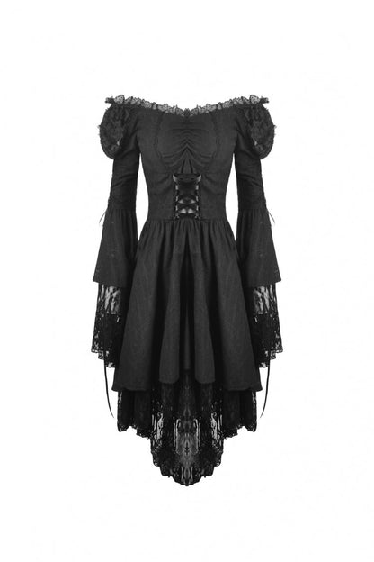Black Off Shoulder Long Trumpet Puff Sleeves Lace-Up Strappy Mesh Women's Gothic Cocktail Dress
