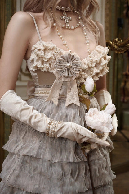 Beige [Slavic Noble Lady] Sleeveless Multi-Layered Ruffled Bow Sweet Elegant Lolita Jsk Dress