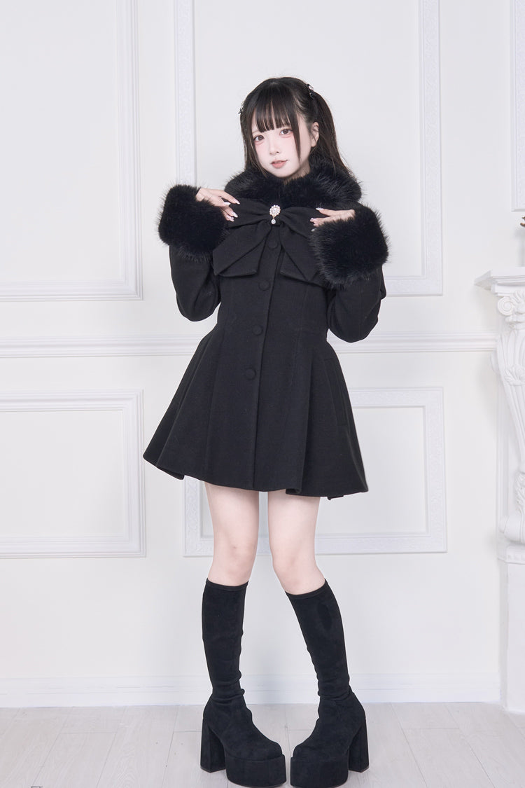 Black Plush Collar Long Sleeves Bowknot Japanese Sweet Lolita Coat