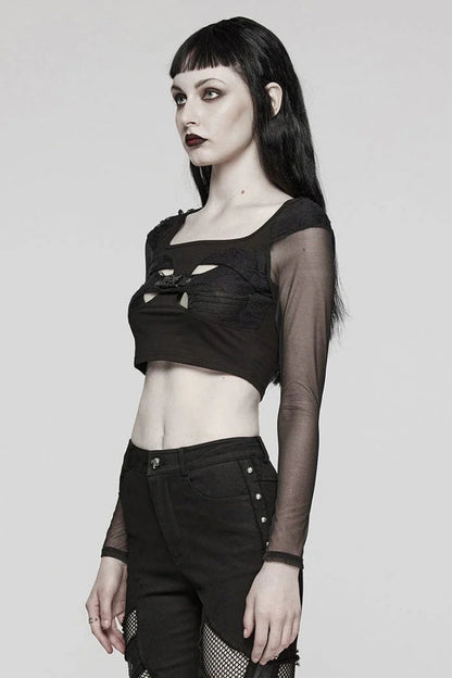 Black Long Sleeves Skull Buckle Decoration Hollow Sheer Womens Gothic Blouse