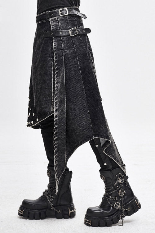 Black Band Metallic Nailed Punk Rock Worn Corduroy Wrapped Mens Skirt With Loops