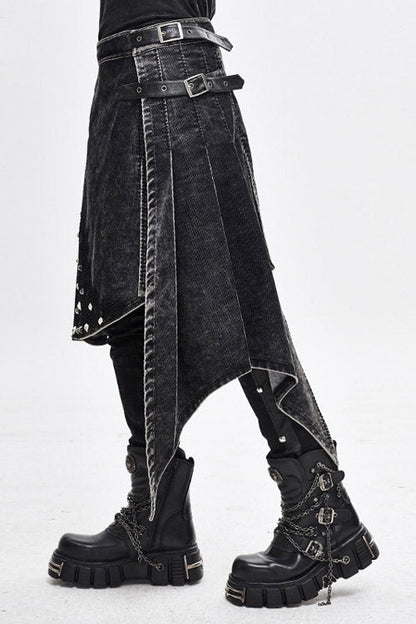 Black Band Metallic Nailed Punk Rock Worn Corduroy Wrapped Mens Skirt With Loops