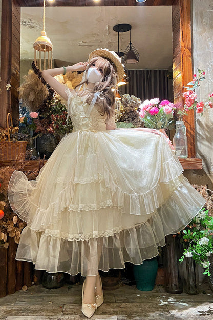Apricot [Moonlight Sonata] Ruffle Cardigan Bowknot Lace Sweet Vintage Lolita Jsk Dress