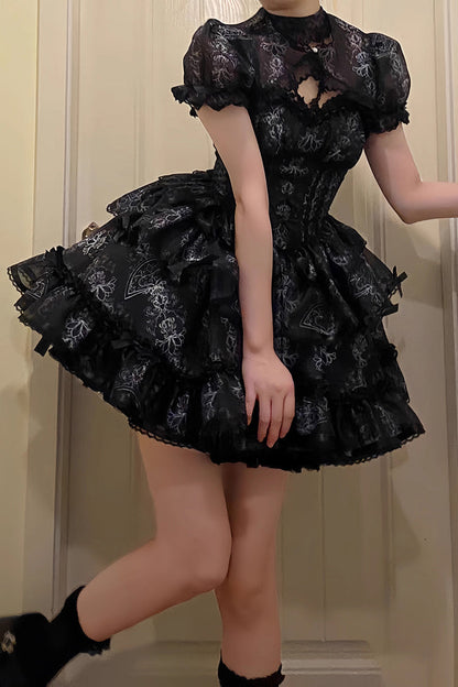 Black Multi-layer Ruffle Ballet Bowknot Print Gothic Lolita Jsk Dress