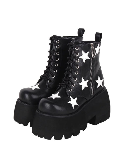 Black Five-pointed Star Print Zipper Punk Lolita Ankle Boots