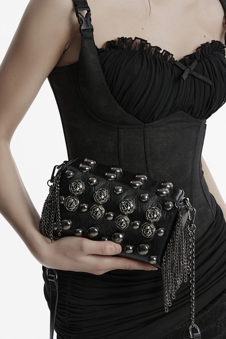 Black Beaded Rose Rivet Women's Gothic Faux Leather Clutches