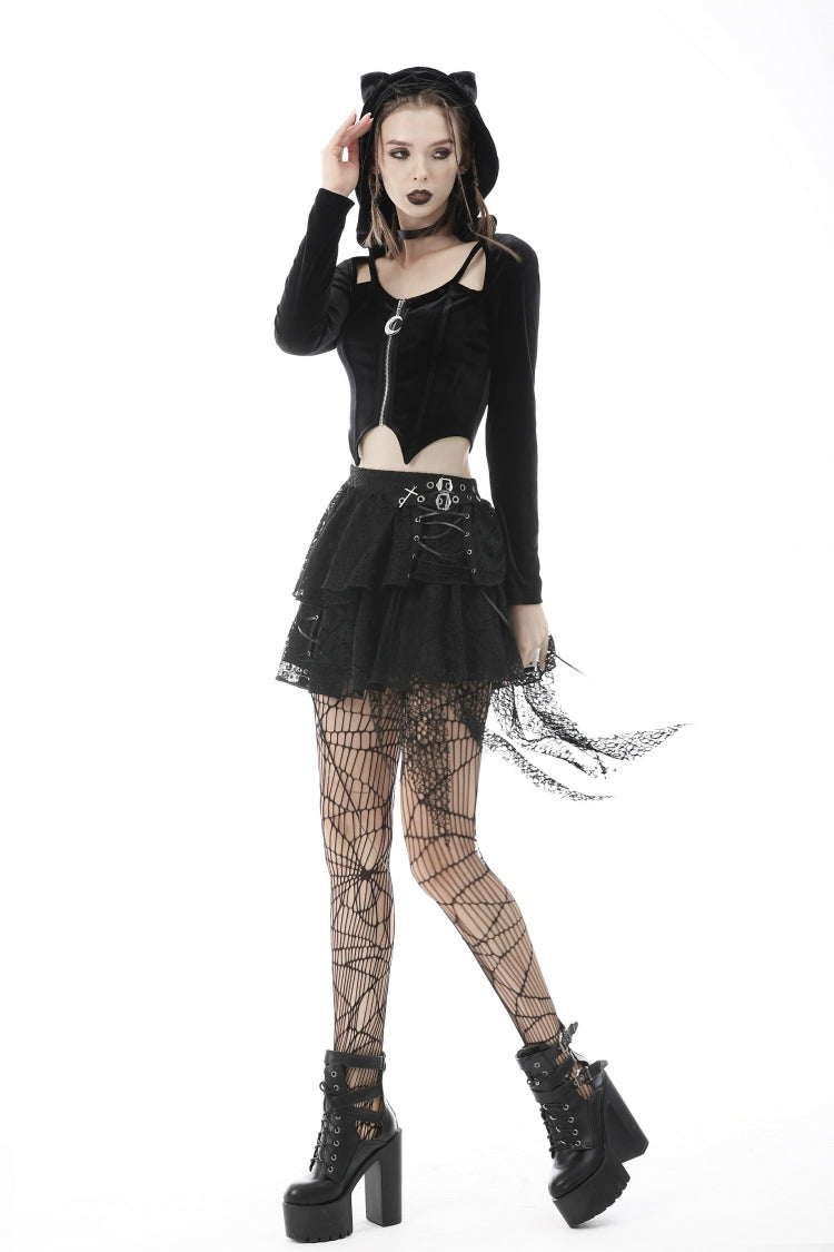 Black Long Sleeves Irregular Moon-shaped Zipper Women's Punk Crop Top with Cat's Ears Hood