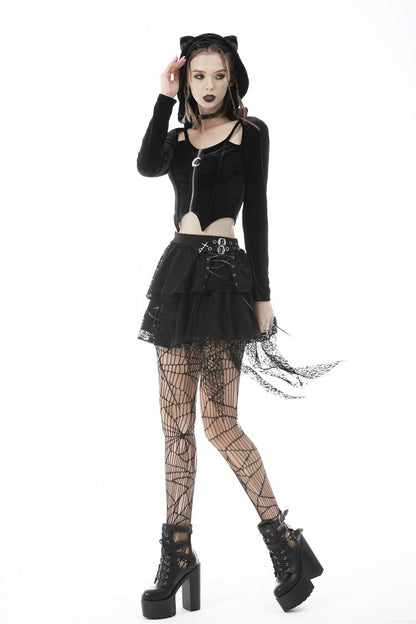 Black Long Sleeves Irregular Moon-shaped Zipper Women's Punk Crop Top with Cat's Ears Hood
