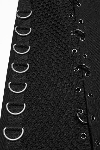 Black Faux Leather Stitching Lace-Up Irregular Mesh Men's Gothic Kilt