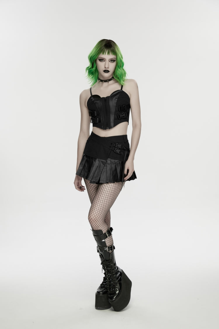 Black Asymmetric Buckled Pleated Women's Punk Skirt