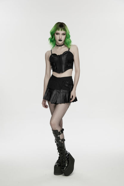 Black Asymmetric Buckled Pleated Women's Punk Skirt