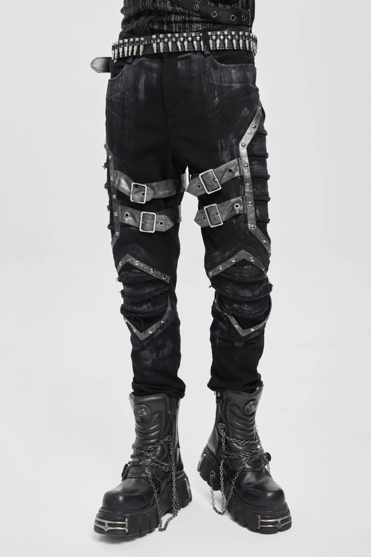 Black Buckle Straps Pleated Men's Punk Pants