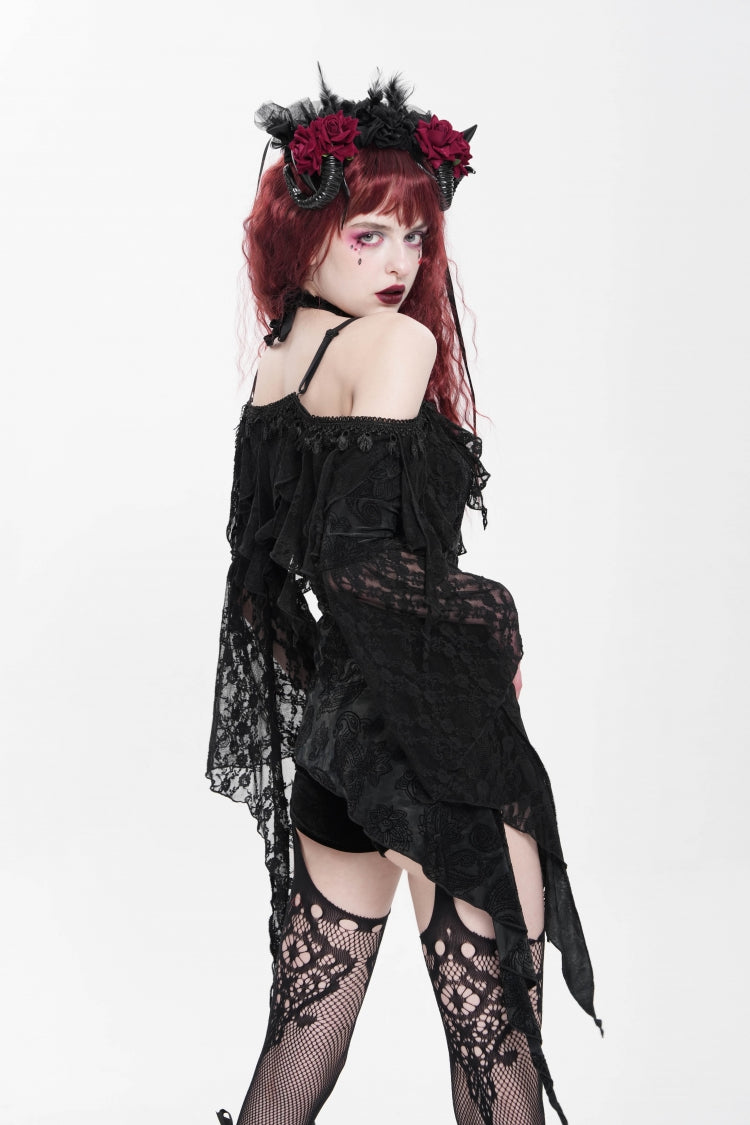 Black Off Shoulder Long Trumpet Sleeves Ruffle Women's Gothic Slip Blouse