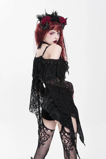 Black Off Shoulder Long Trumpet Sleeves Ruffle Women's Gothic Slip Blouse