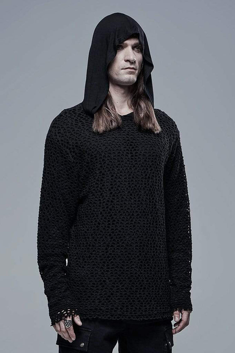 Black Knit Outer Mesh Long Sleeve Inner Hooded Simple Two Piece Men's Punk T-Shirt