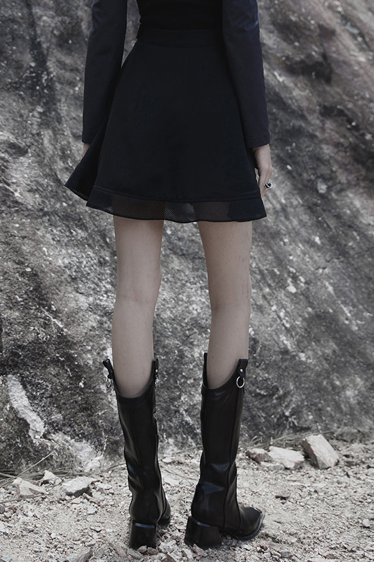 Black Chiffon Plaid Large-Hole Mesh Stitching V-Word Segmentation Design Sun-Hem Women's Punk Skirt