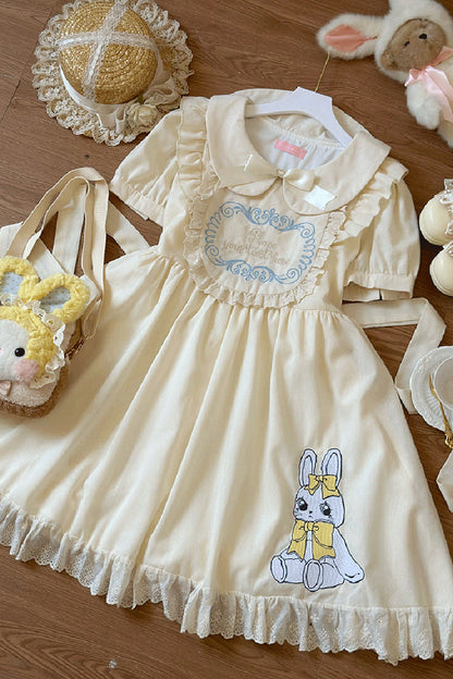 Apricot [Sweet Dream Bunny] Doll Collar Short Sleeves Ruffle Embroidery Bowknot Sweet Plus Size Lolita Dress