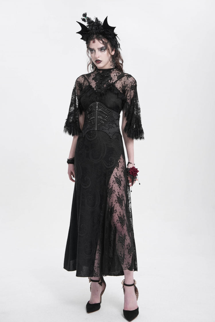 Black Batwing Beaded Lace-Up Zipper Women's Underbust Corset